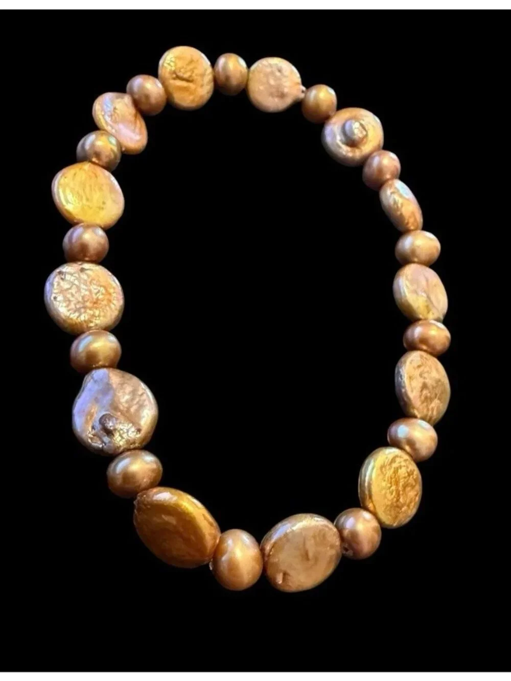 Artisan Metallic Gold Coin Pearl Stretch Bracelet Cultured Freshwater Beaded